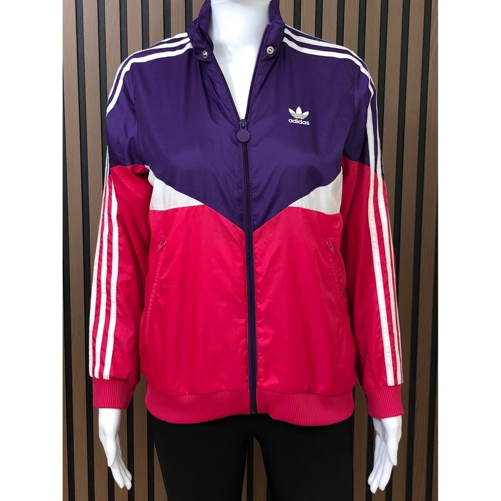 Adidas Women's Track Jacket‎ Purple Pink White M 3 Stripes Logo Zip Retro